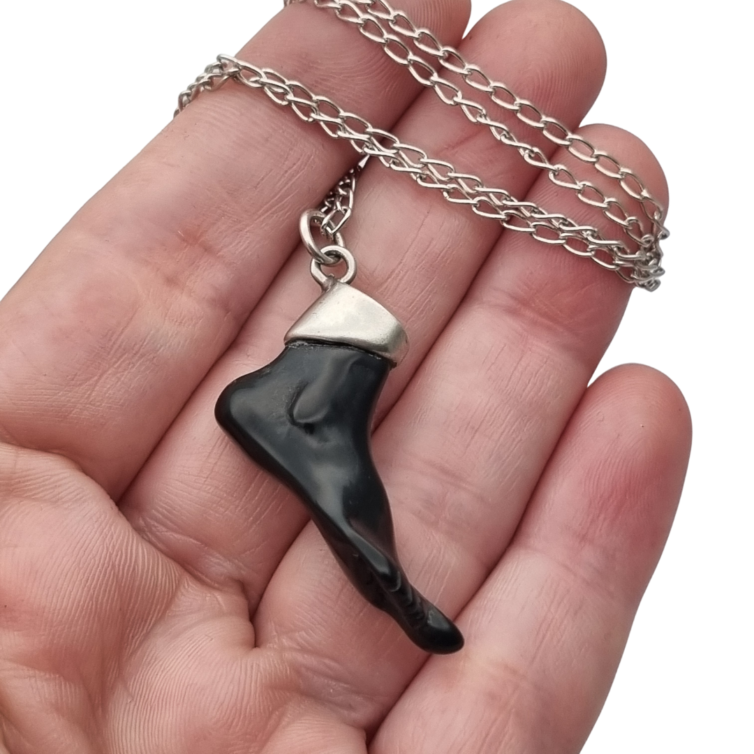 Obsidian amulet pendant, black foot with 800 silver, Europe circa 1970