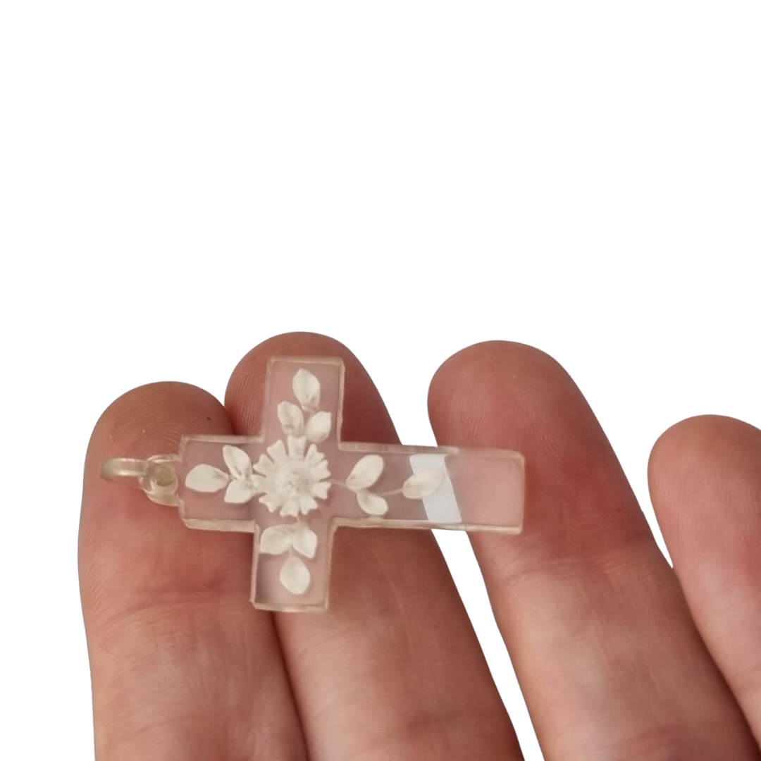 French Vintage Clear Lucite Hanging Cross with Floral Etching, Religious Jewelry circa 1930s-1950s