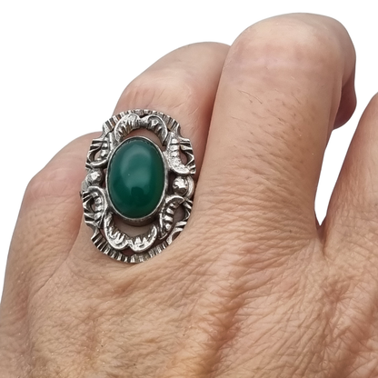 Vintage European Openwork Silver Ring with Oval Green Chalcedony Cabochon, circa 1960