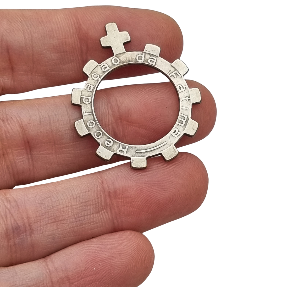 Rosario de dedo, anillo decenario de Fátima en metal plateado, Circa 1950-1970