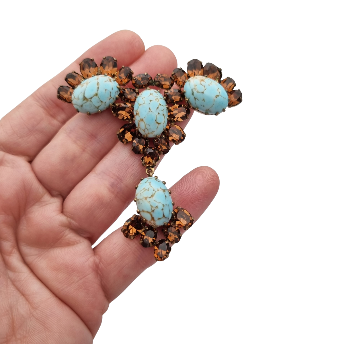 Vintage cocktail brooch with turquoise cabochons and amber crystals, 1950s costume jewelry, ca. 1950–1960