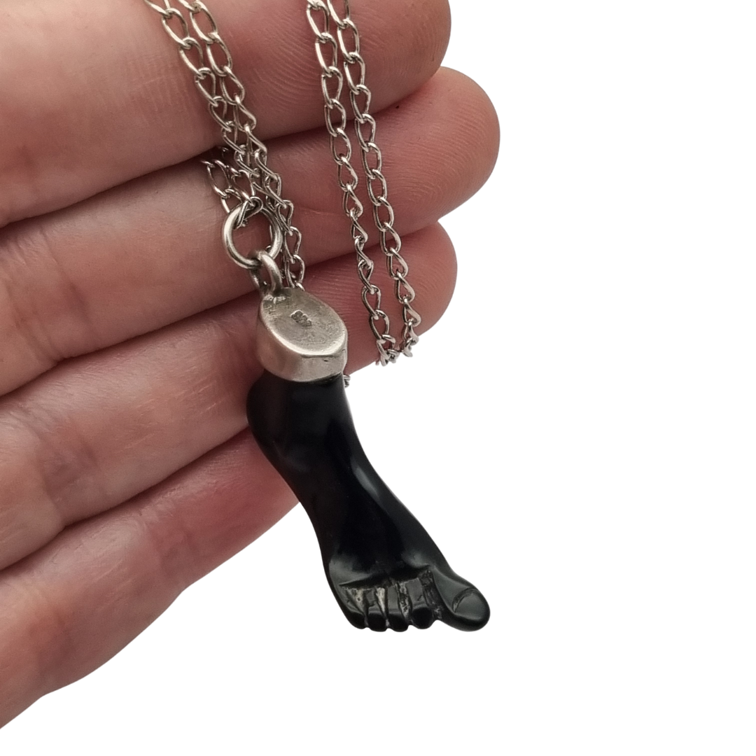 Obsidian amulet pendant, black foot with 800 silver, Europe circa 1970