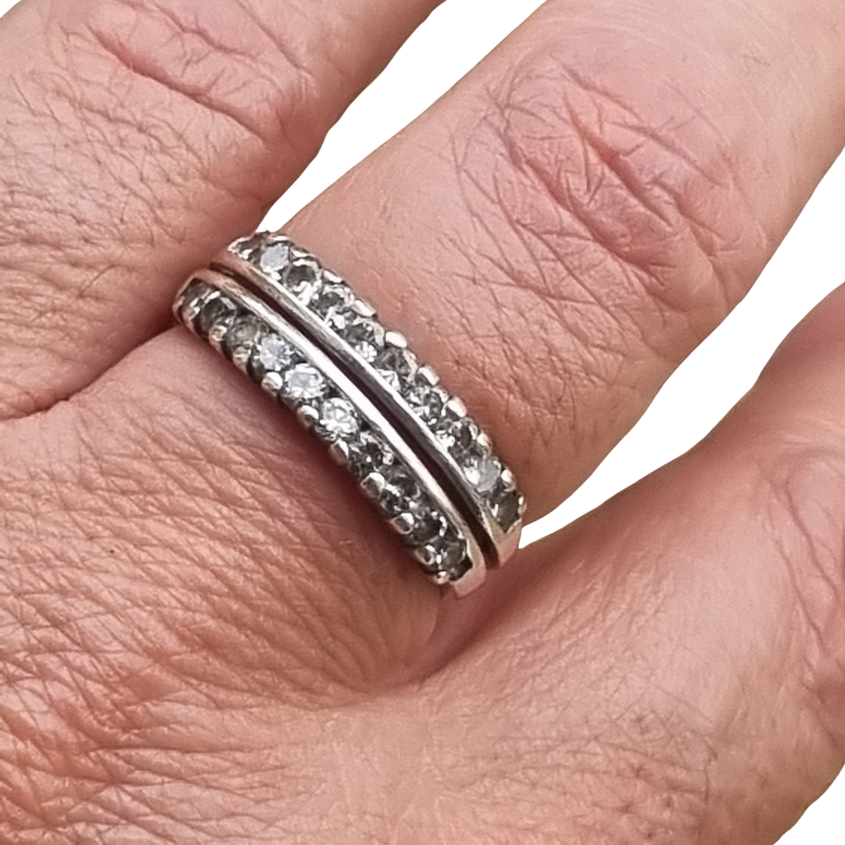 Anillo vintage de plata con doble hilera de piedras blancas, años 80-90