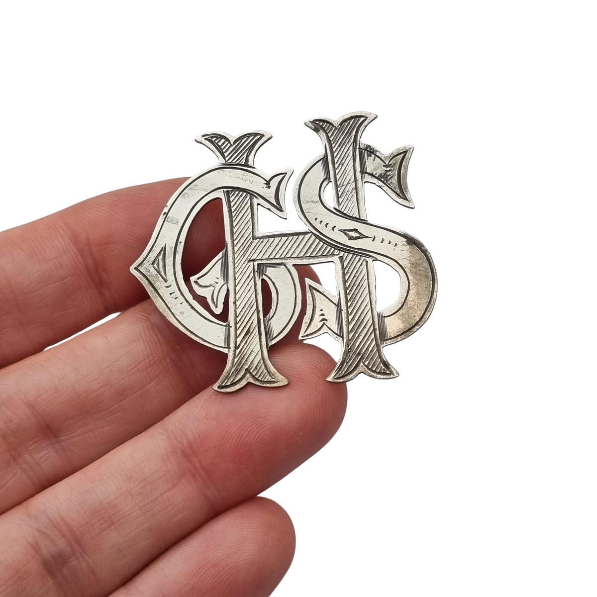 Broche Victoriano monograma antiguo en plata sterling STG SIL, ca. 1890-1920