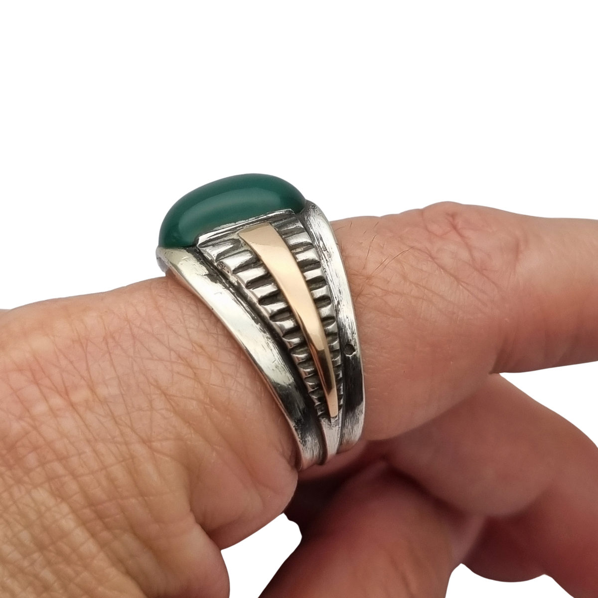 Vintage Men's Classic Silver Ring with Green Chalcedony and Gold Accents, 1960s–70s