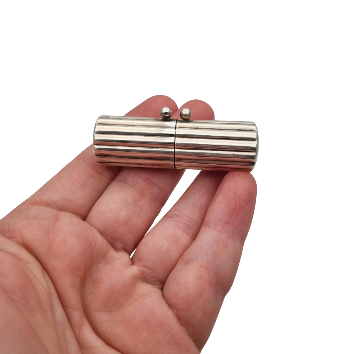 Vintage designer cylindrical case in ribbed 925 silver, Milan, ca. 1940–1960
