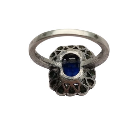 Pompadour silver ring with blue and white rhinestones, Princess Diana style. France, circa 1950