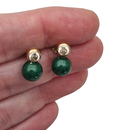 Vintage earrings you and I vintage gold-plated, cubic zirconia and green spheres · Spain, ca. 1980