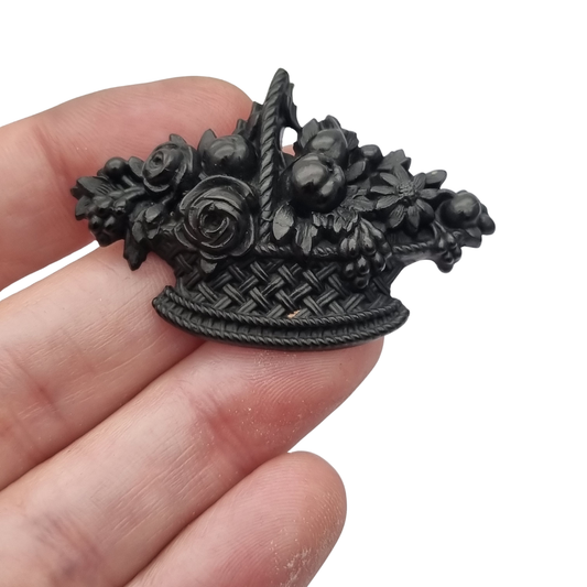 Victorian Vulcanite Mourning Floral Brooch, Giardinetti Basket, circa 1880, Sentimental Jewelry