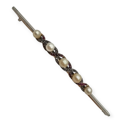 Broche Belle Époque de oro de 14 k y metal blanco con perlas, rubíes y zafiros blancos circa 1900