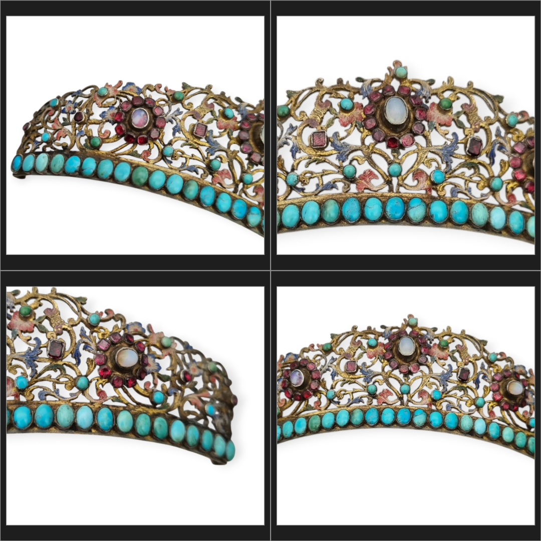 Tiara victoriana austrohúngara en plata dorada con turquesas, granates y piedra de luna, romántico tardío, ca. 1880–1900