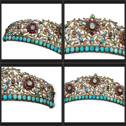 Tiara victoriana austrohúngara en plata dorada con turquesas, granates y piedra de luna, romántico tardío, ca. 1880–1900
