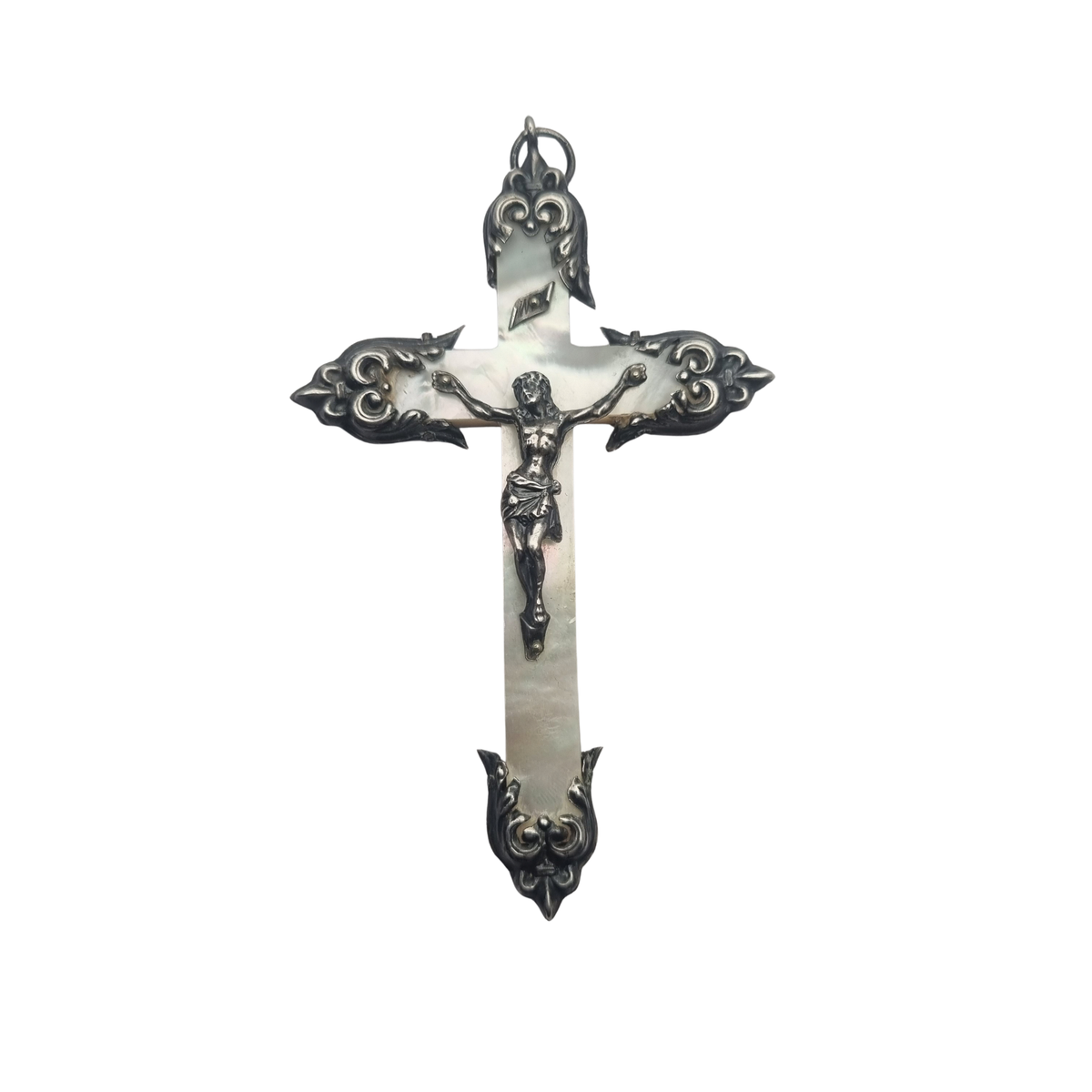 Antique neo-baroque silver and mother-of-pearl crucifix, late 19th century