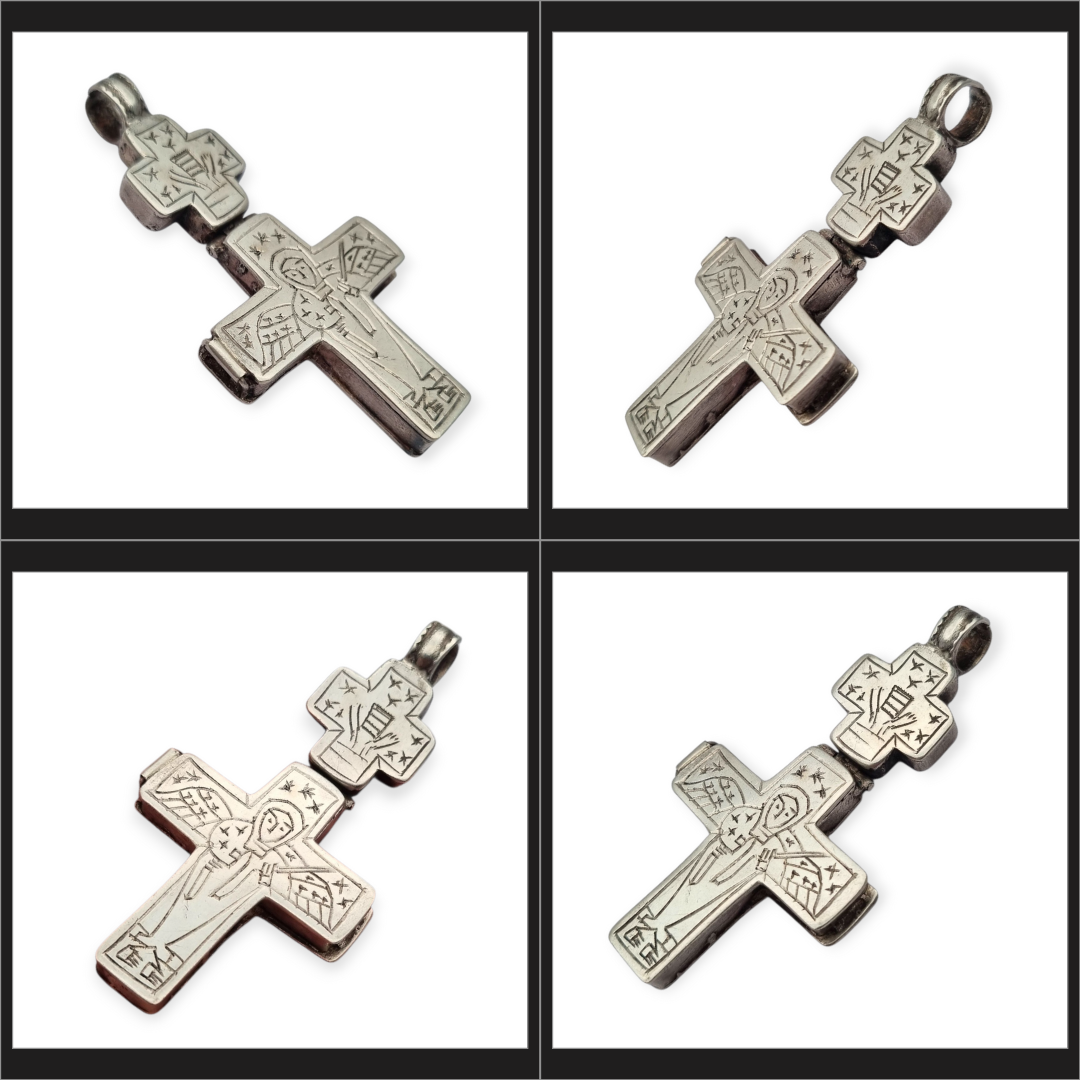 Cruz relicario estilo bizantino antigua de plata grabada, escenas religiosas.