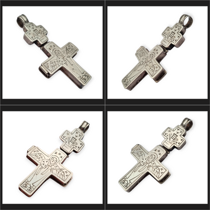 Cruz relicario estilo bizantino antigua de plata grabada, escenas religiosas.