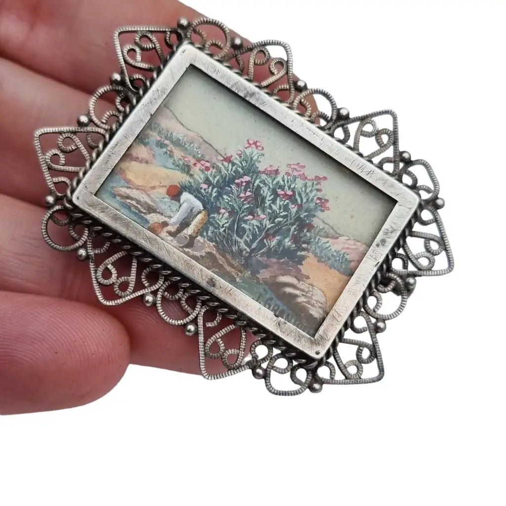 Broche francés en plata con miniatura de pintura firmada por J. Granion