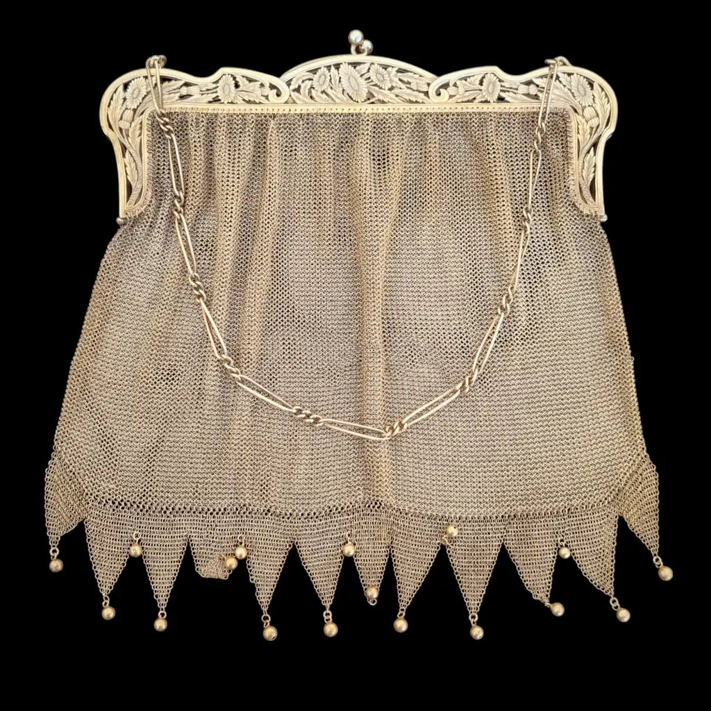 Bolso antiguo de malla plata art nouveau muy grande con 516 gramos 1900.