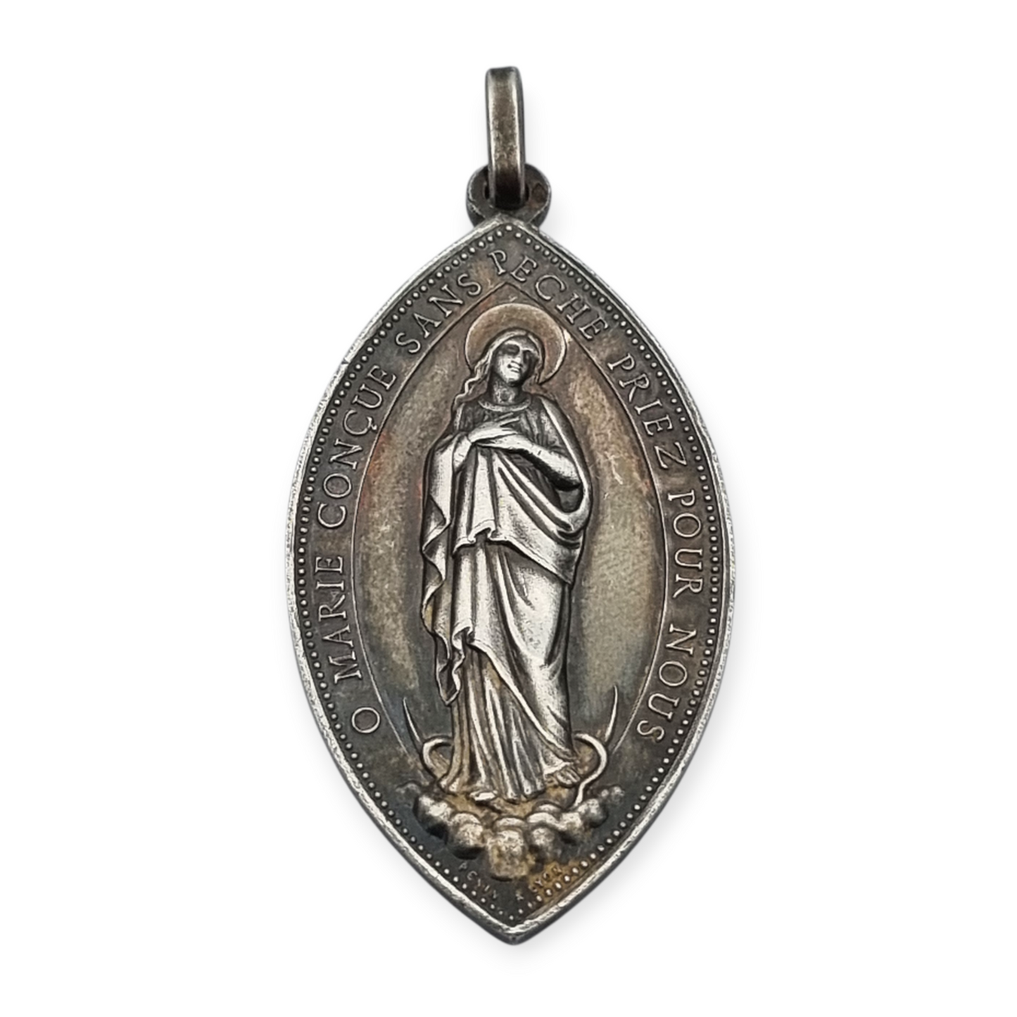 Medalla religiosa antigua en plata Virgen Inmaculada Lyon circa 190