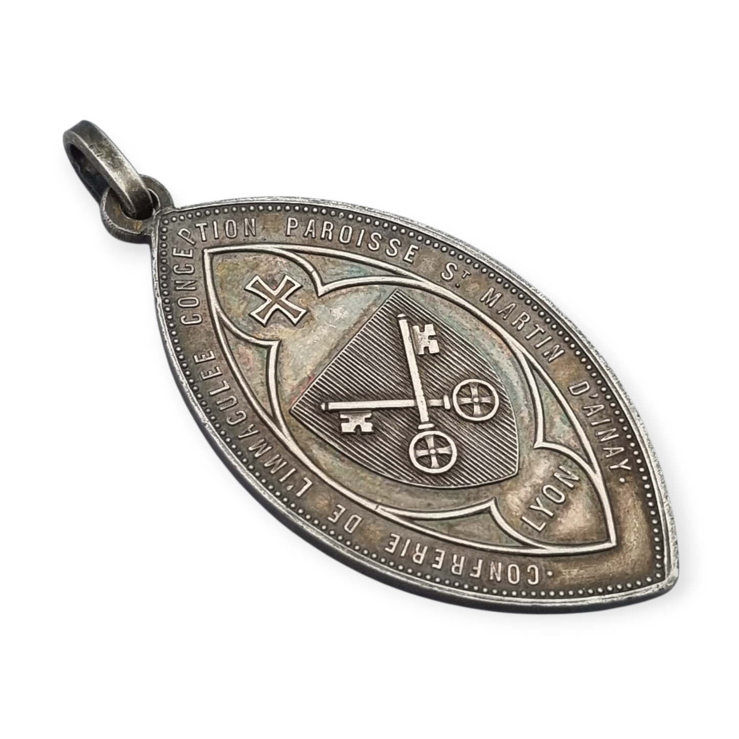 Medalla religiosa antigua en plata Virgen Inmaculada Lyon circa 190