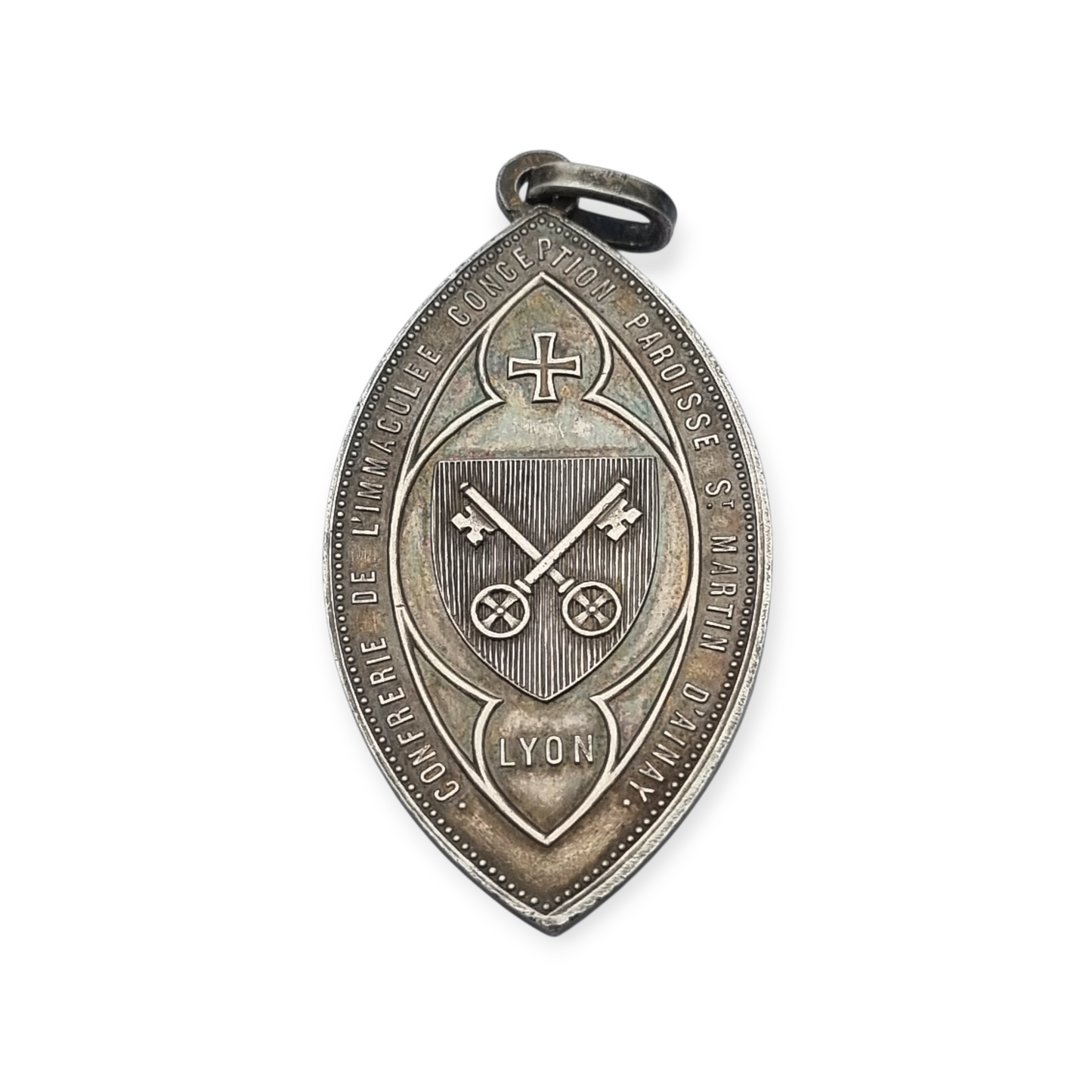 Medalla religiosa antigua en plata Virgen Inmaculada Lyon circa 190