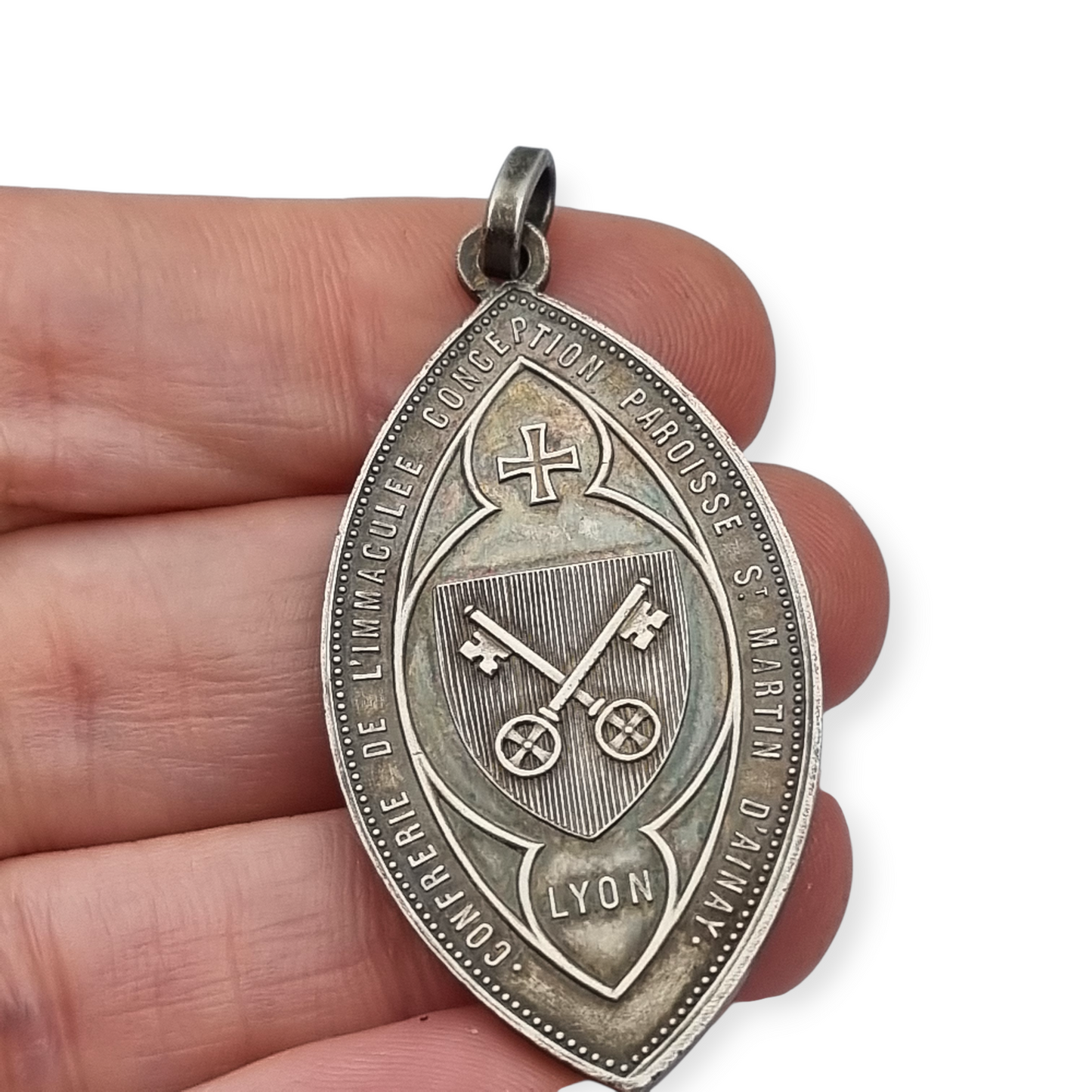 Medalla religiosa antigua en plata Virgen Inmaculada Lyon circa 190
