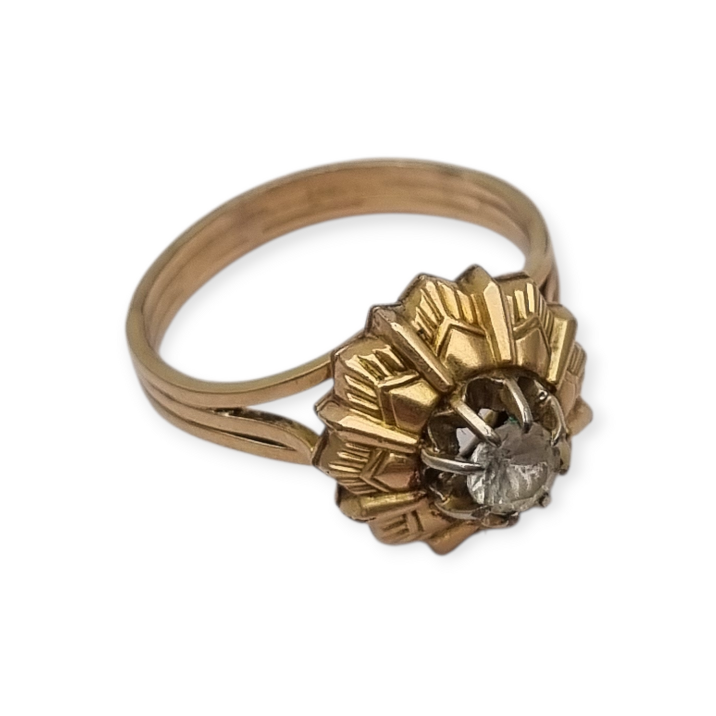 Anillo Art Decó francés oro laminado FIX circa 1930s con diseño floral