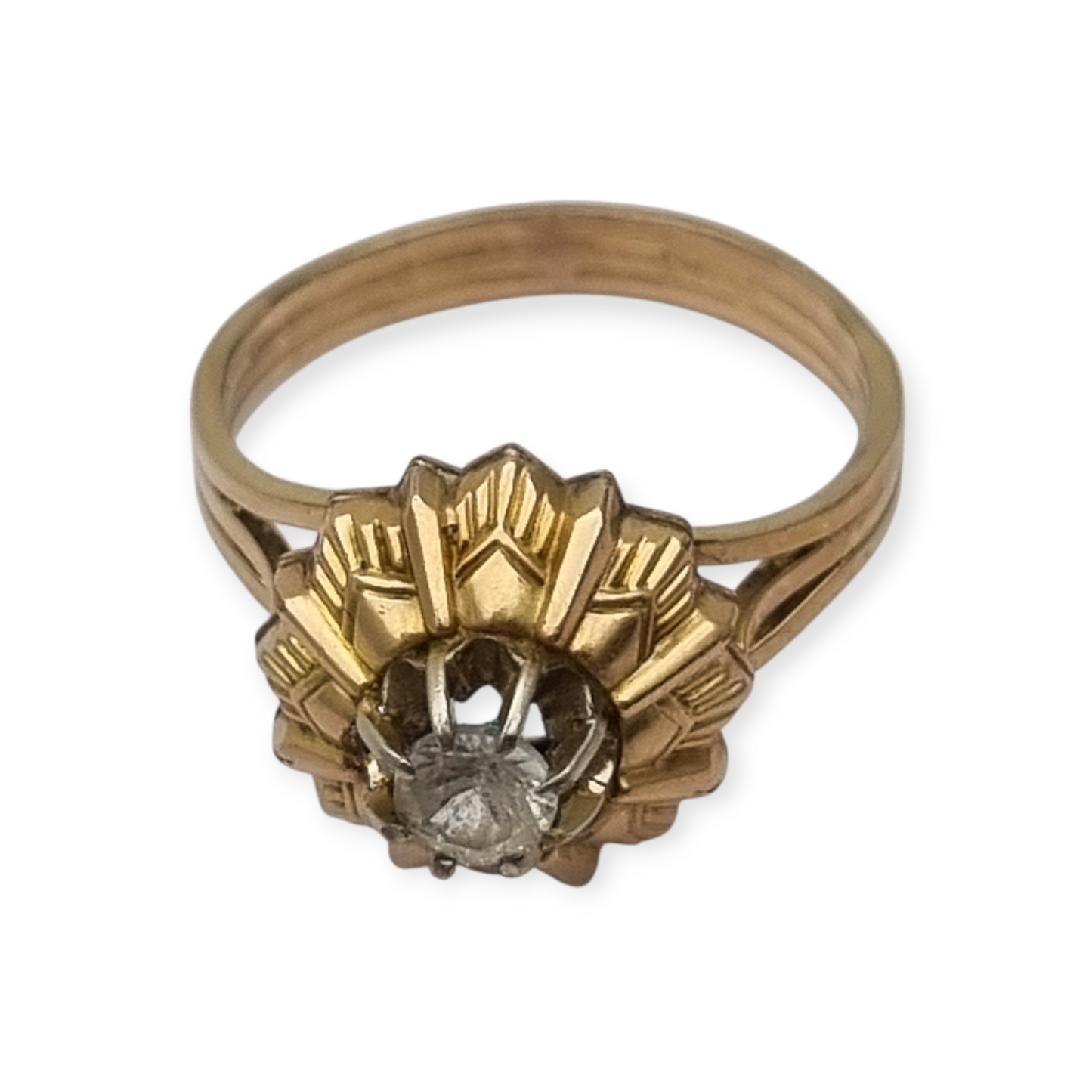 Anillo Art Decó francés oro laminado FIX circa 1930s con diseño floral