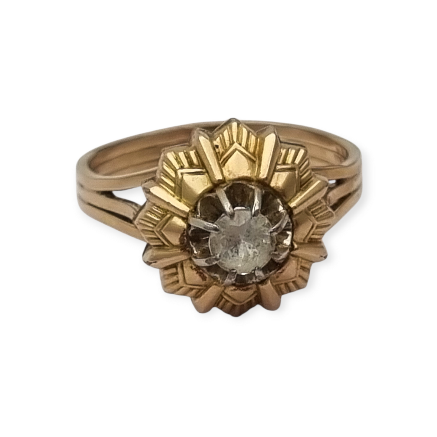 Anillo Art Decó francés oro laminado FIX circa 1930s con diseño floral