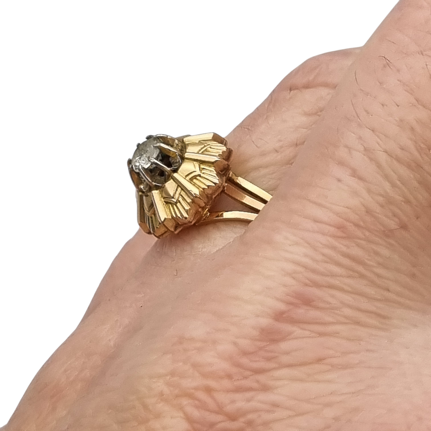 Anillo Art Decó francés oro laminado FIX circa 1930s con diseño floral