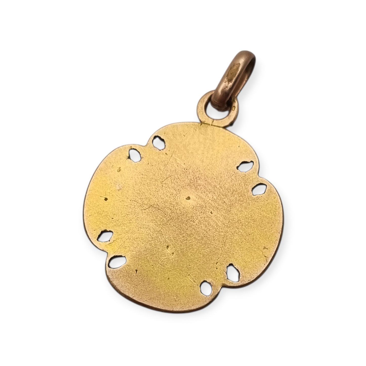 Medalla religiosa antigua en cruz calada dorada con cáliz, circa 1920