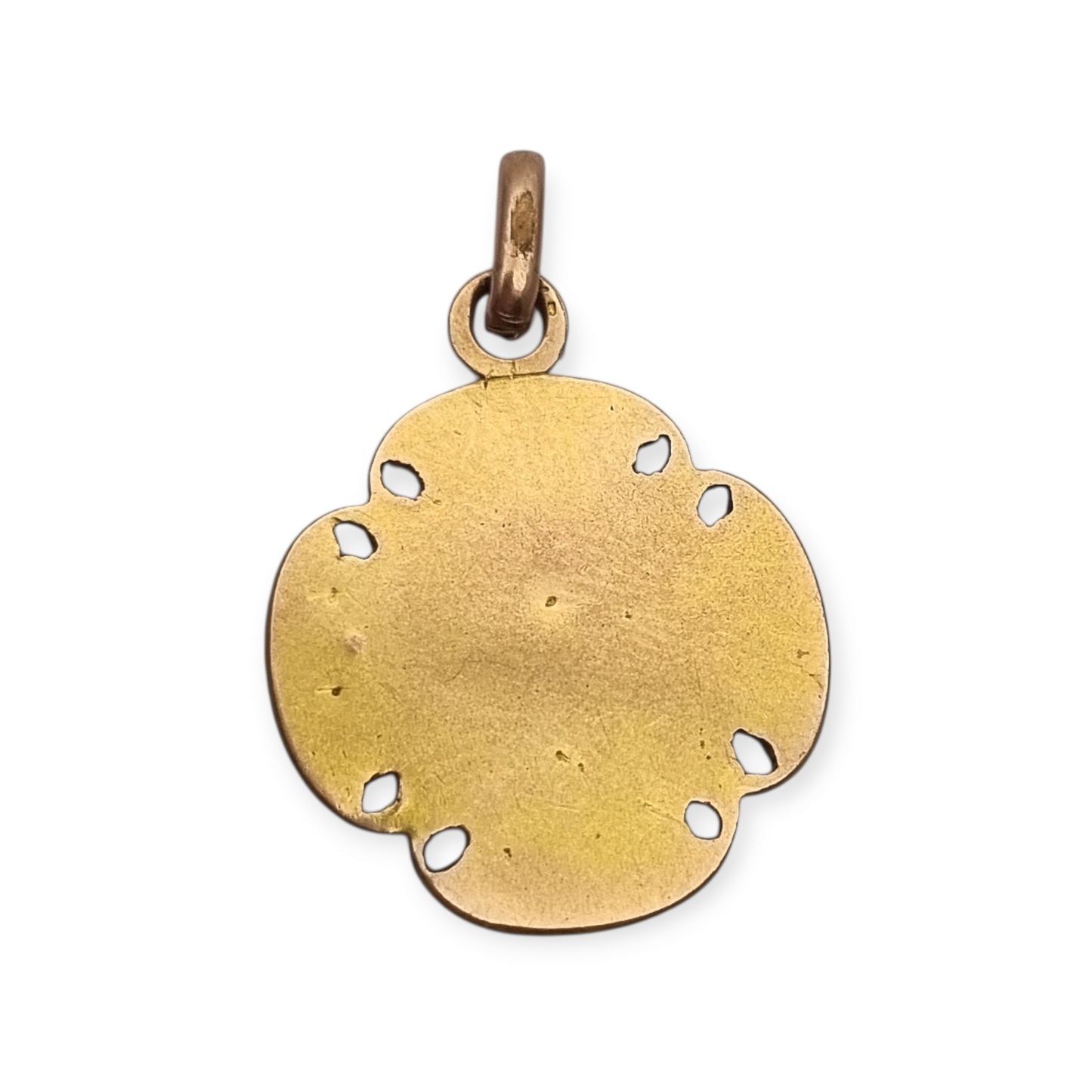 Medalla religiosa antigua en cruz calada dorada con cáliz, circa 1920