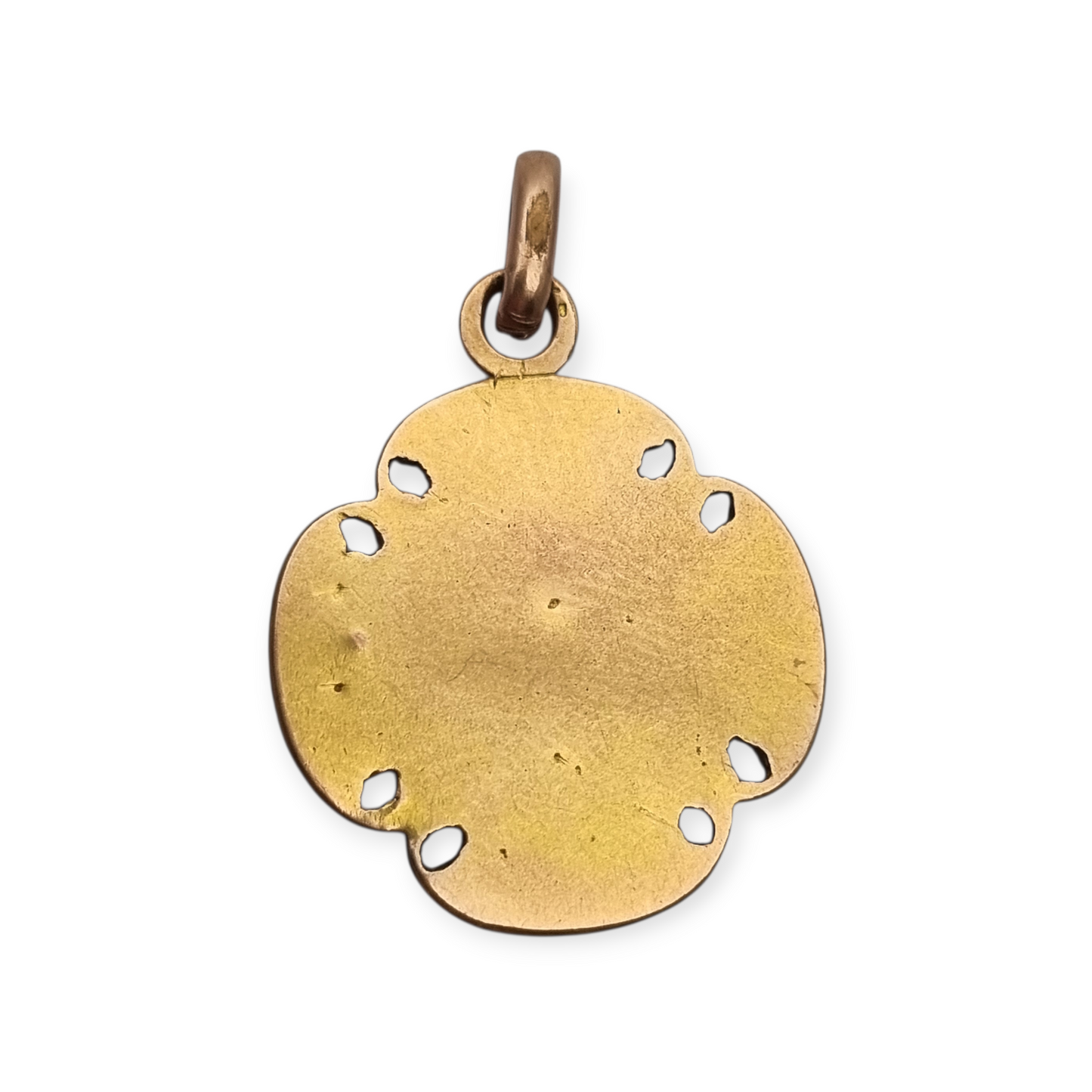 Medalla religiosa antigua en cruz calada dorada con cáliz, circa 1920