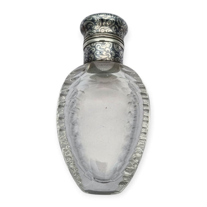 Frasco de perfume victoriano en vidrio tallado y plata nielada, circa 1890