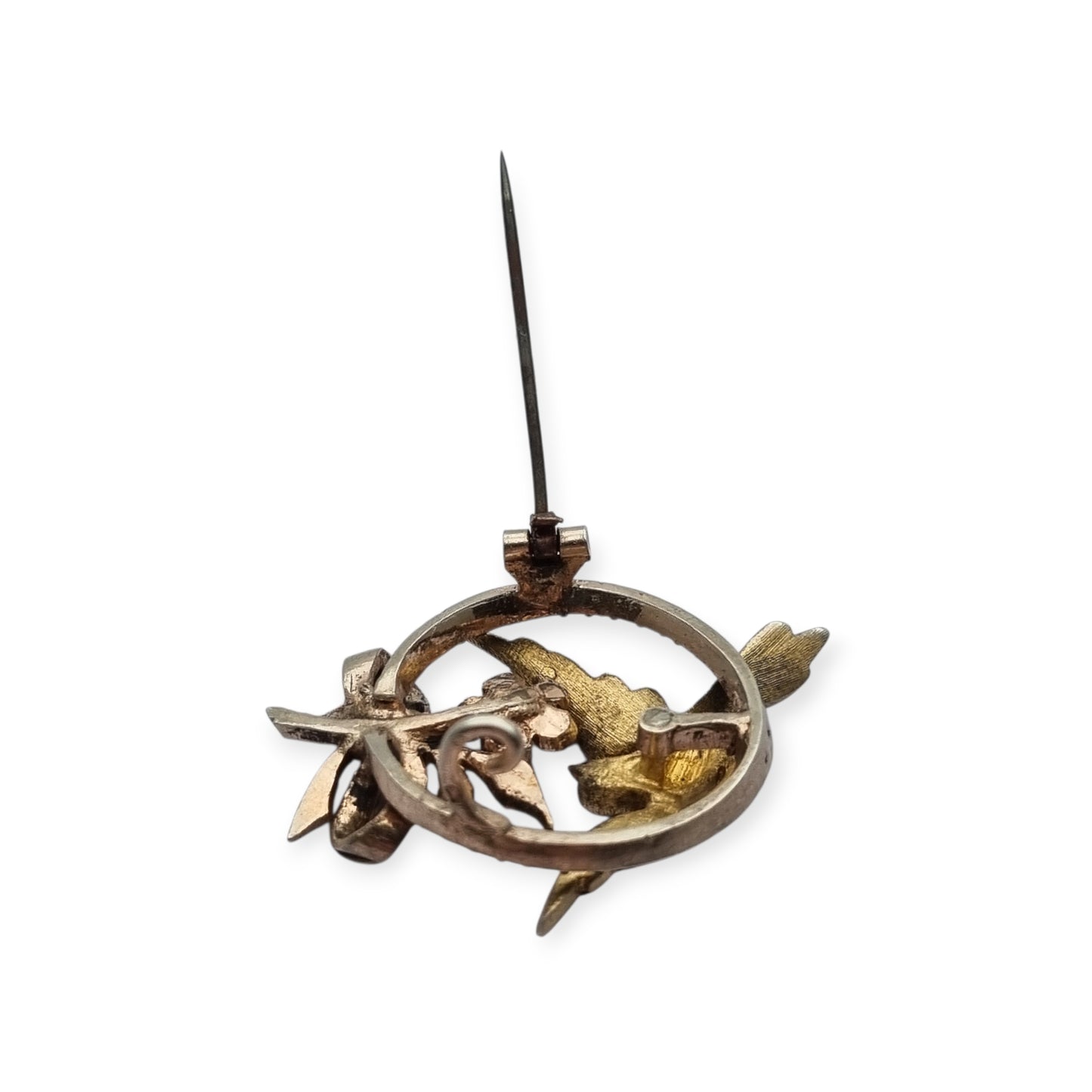 Broche eduardiano en plata con pájaro lazo perlas y rubí circa 1910