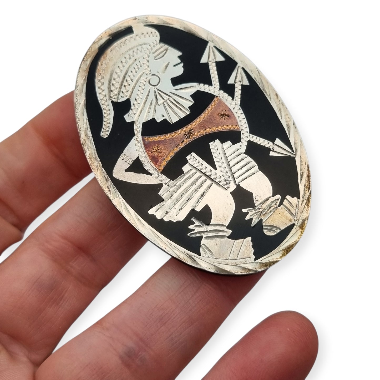 Broche mexicano guerrero azteca en plata 925, Los Castillo circa 1970