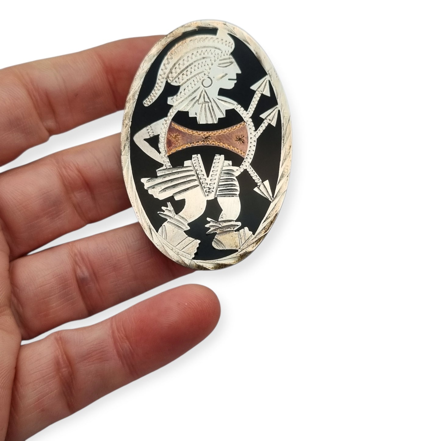 Broche mexicano guerrero azteca en plata 925, Los Castillo circa 1970