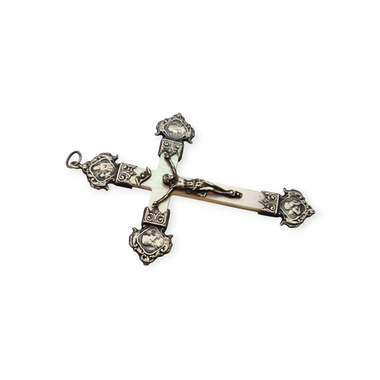 Art Nouveau devotional cross in mother-of-pearl and silver with religious reliefs circa 1900