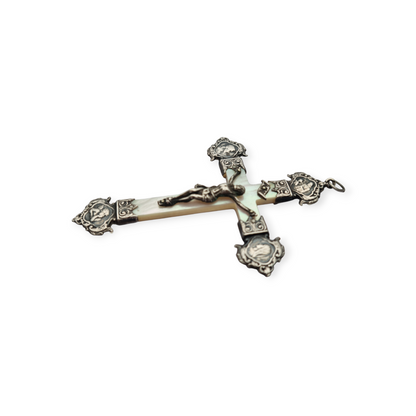 Art Nouveau devotional cross in mother-of-pearl and silver with religious reliefs circa 1900
