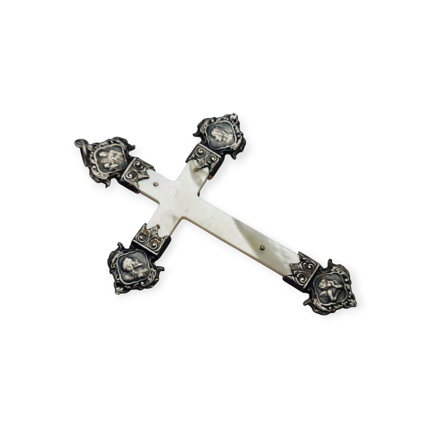 Art Nouveau devotional cross in mother-of-pearl and silver with religious reliefs circa 1900