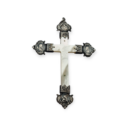 Art Nouveau devotional cross in mother-of-pearl and silver with religious reliefs circa 1900