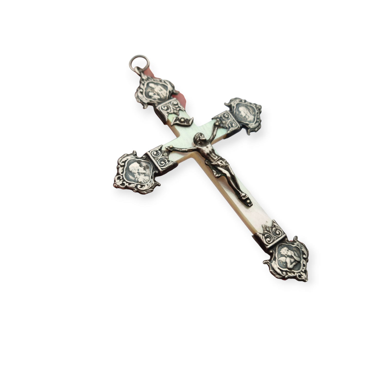 Art Nouveau devotional cross in mother-of-pearl and silver with religious reliefs circa 1900