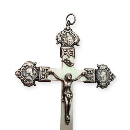 Art Nouveau devotional cross in mother-of-pearl and silver with religious reliefs circa 1900