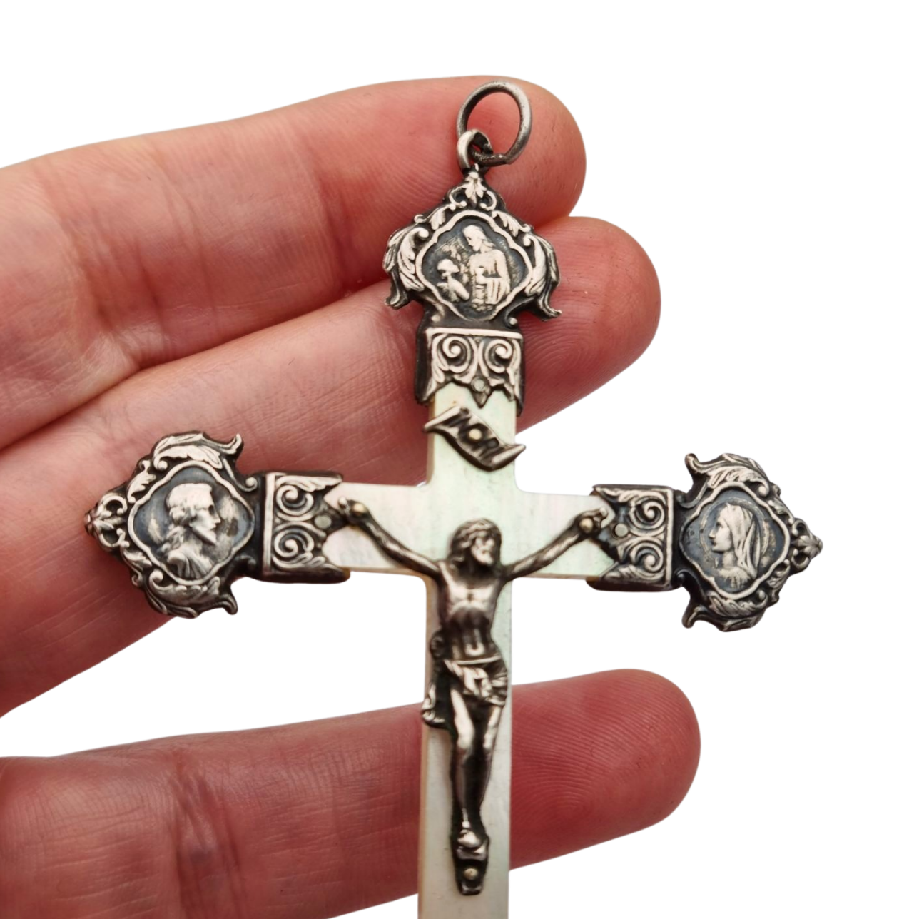 Art Nouveau devotional cross in mother-of-pearl and silver with religious reliefs circa 1900