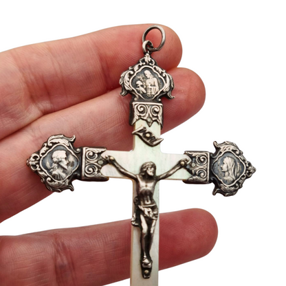 Art Nouveau devotional cross in mother-of-pearl and silver with religious reliefs circa 1900
