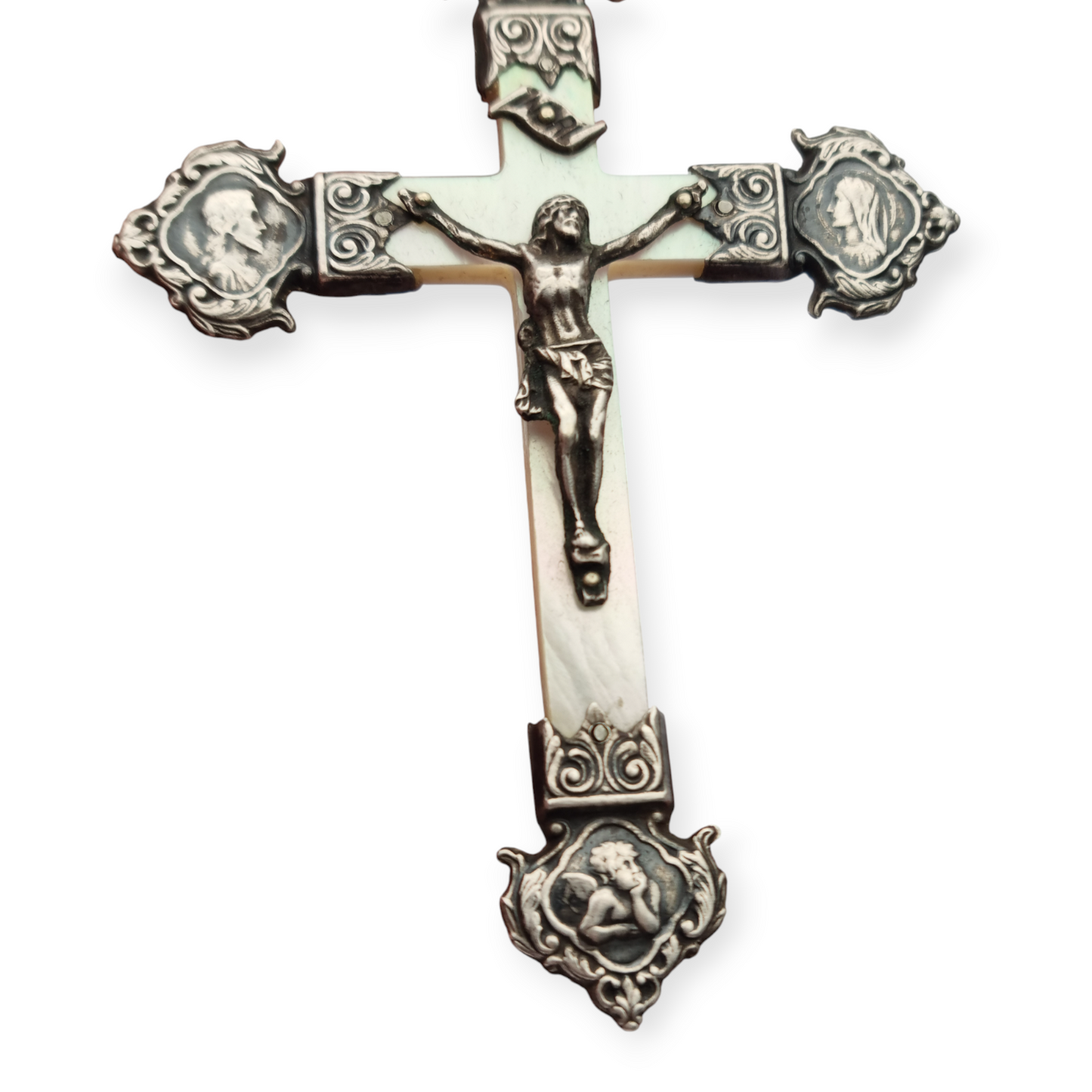 Art Nouveau devotional cross in mother-of-pearl and silver with religious reliefs circa 1900