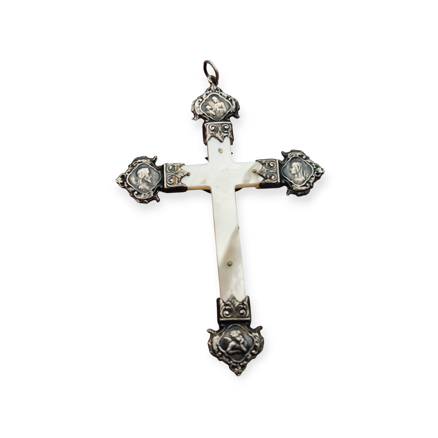 Art Nouveau devotional cross in mother-of-pearl and silver with religious reliefs circa 1900