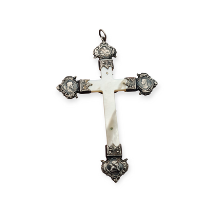 Art Nouveau devotional cross in mother-of-pearl and silver with religious reliefs circa 1900