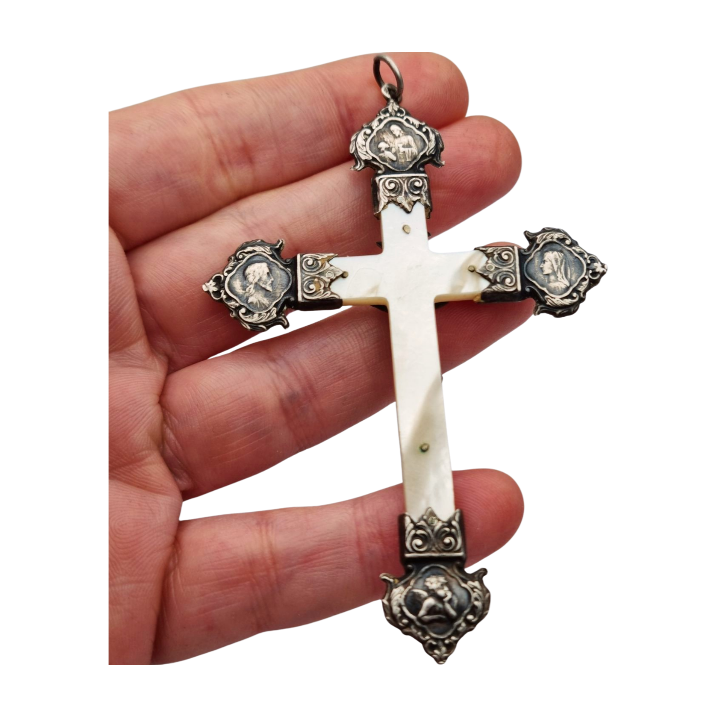 Art Nouveau devotional cross in mother-of-pearl and silver with religious reliefs circa 1900