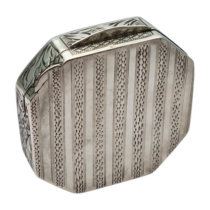 Antique octagonal powder compact in 800 silver engraved with butterflies and flowers, circa 1950