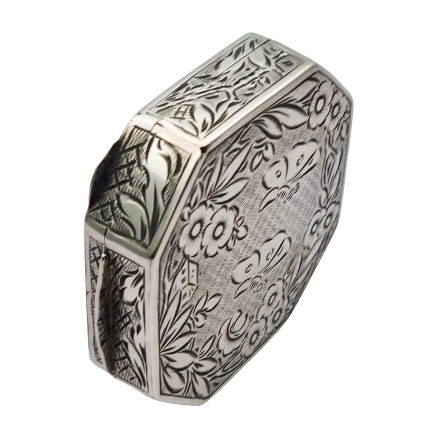 Antique octagonal powder compact in 800 silver engraved with butterflies and flowers, circa 1950